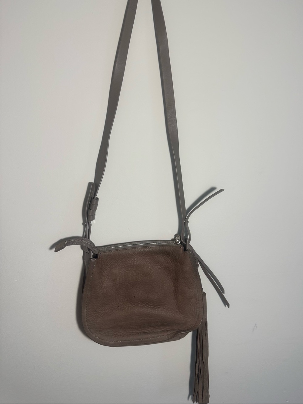 AllSaints Whipstitch Crossbody Bag Womens Small Taupe Suede Tassel Shoulder Bag